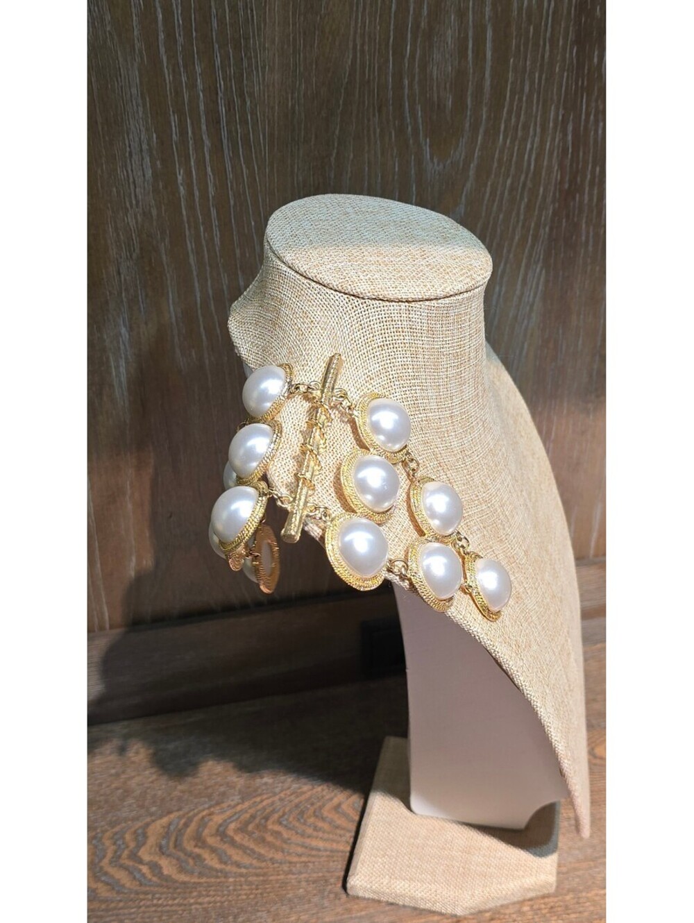 Runway Style Shoulder Brooch Gold Tone Faux Pearl